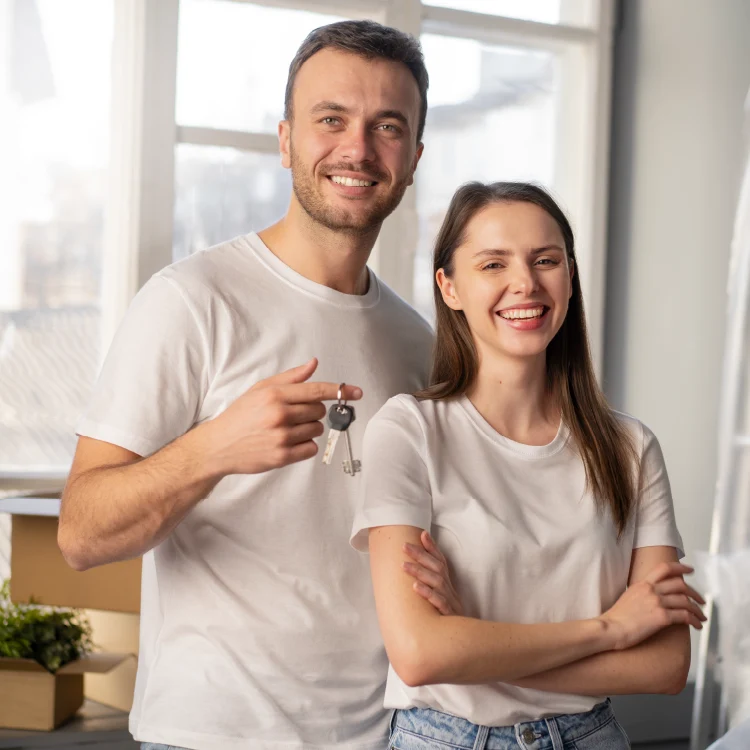 pareja feliz y sonriendo mientras enseñan las llaves de una casa