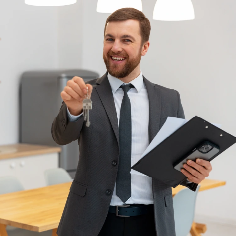 agente inmobiliario sonriendo mientras sostiene unas llaves